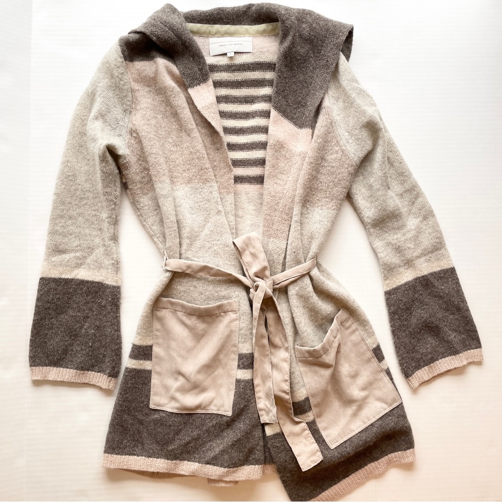 Angel Of The North Mixed Stripe Wool Cardigan Sweater taupe gray Sz S petite